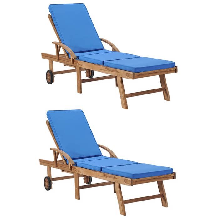 lot de 2 transats chaise longue bain de soleil lit de jardin terrasse meuble d exterieur avec coussins bois de teck soli