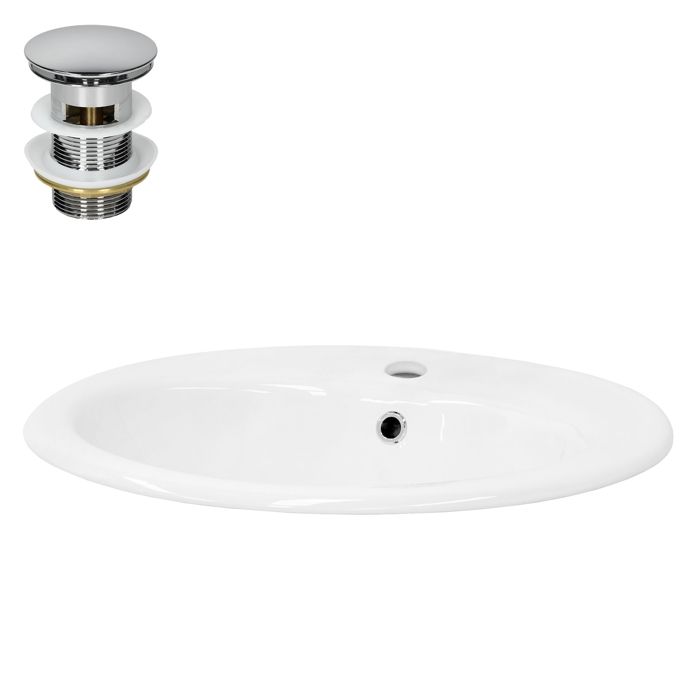 Vasque à Poser Moderne En Céramique Blanc - 585 X 375 X 145 Mm - Garniture Vidage Ø45 Mm - Neuf