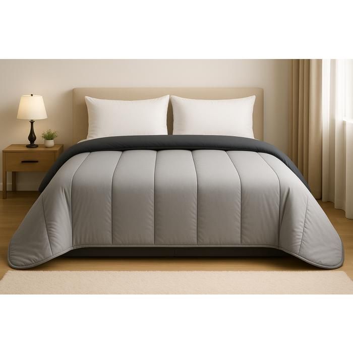 Couette tempérée - MI SAISON - 240x260 cm - Gris Foncé/Gris Clair - Polyester creux siliconé
