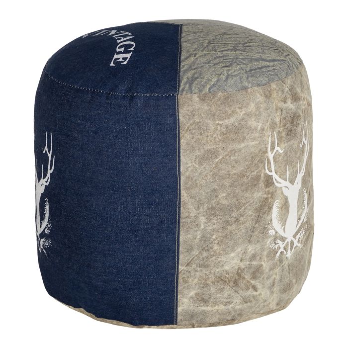 WOMO-DESIGN Pouf Rond Jacksonville Naturel/Bleu Ø35x43cm Toile/Jean Rembourrage en Coton Tabouret Fait