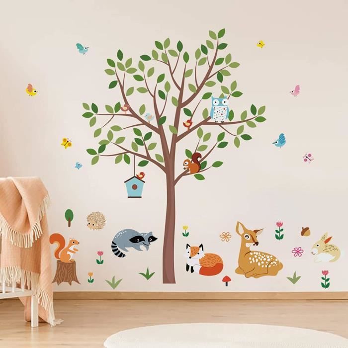 chouette jolis animaux de la forêt arbre crèche salle de classe papier peint autocollant amovible pour chambre d'enfant écureuil souris Toise murale pour enfants 