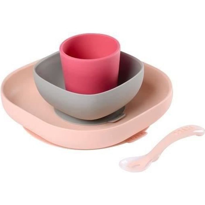 Coffret repas Silicone Bébé - BEABA - Avec Ventouse - Anti-dérapant - 4 Pièces - Rose