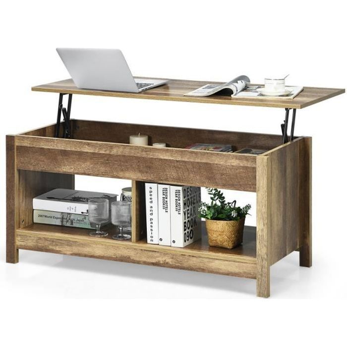 COSTWAY Table Basse avec Plateau Relevable avec Espace de Rangement Caché et Etagère Inférieur 109 x 475 x 50-63 cm