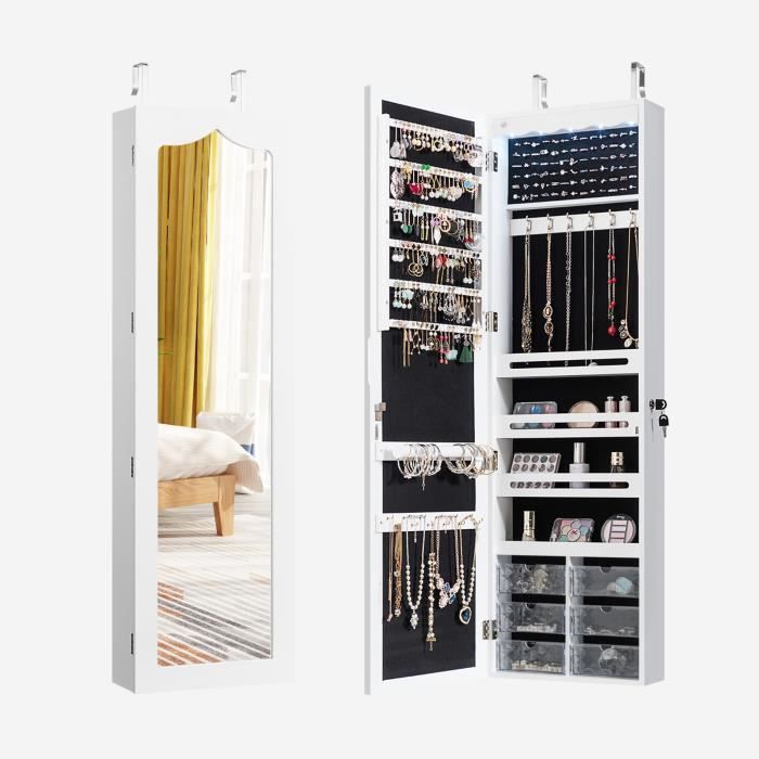 COSTWAY Armoire à Bijoux Murale LED Miroir 6 Tiroirs Hauteur du Crochet Ajustable 120x36 5x11 5CM en Bois Blanc
