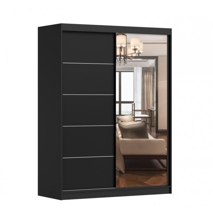 Armoire de chambre avec 2 portes coulissantes et miroir avec étagères - 150x200x61 cm - Beni 05 Dark (Noir, 150)