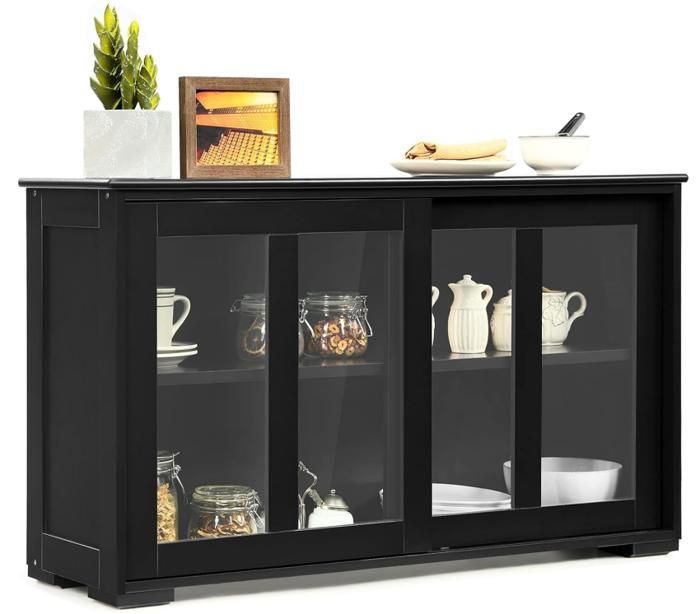 GIANTEX Buffet de Cuisine avec 2 Portes Coulissantes en Verre Trempé+ Étagère Réglable Vaisselier/Meuble de Rangement Cuisine Noir