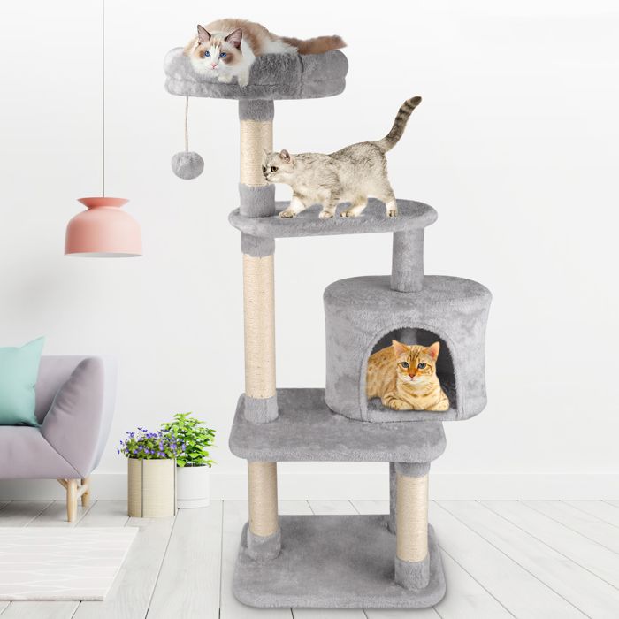 Comparer les prix de JAJALUYA Arbre a Chat Chaton avec Griffoir Poteaux sisal 2 Nid de Chat 3 Plateformes Planche à Gratter 109 cm Gris Clair