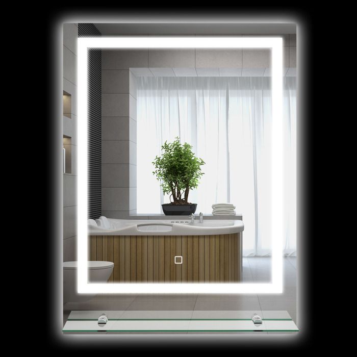 Miroir lumineux LED rectangulaire - kleankin - mural avec étagère luminosité réglable anti-buée interrupteur tactile - 70x50cm