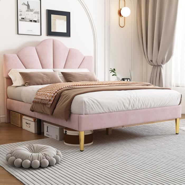 Lit enfant 140x200 cm avec sommier à lattes - structure de lit fille avec  tête de lit forme coquille - tissu en velours - rose - Cdiscount Maison