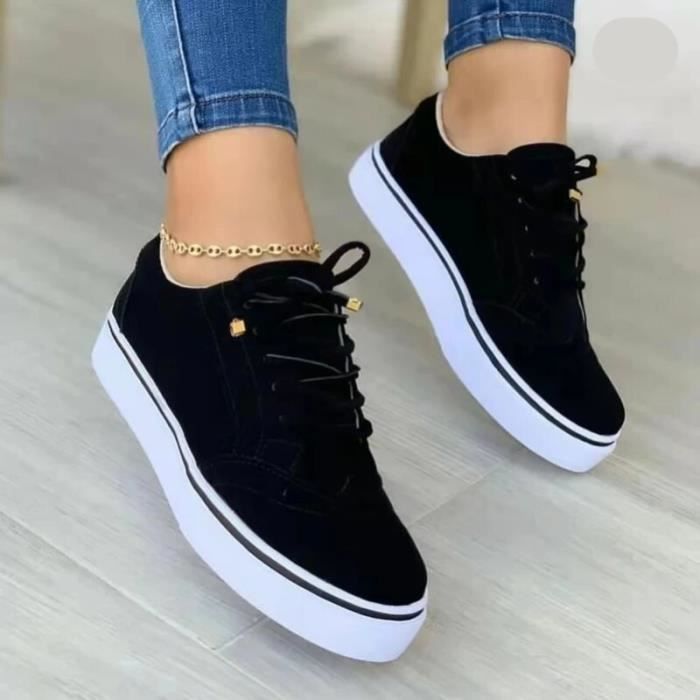 Baskets Femme REMYCOO Chaussures Plates Casual Noir Synthetique Adulte Lacets Noir Cdiscount Chaussures