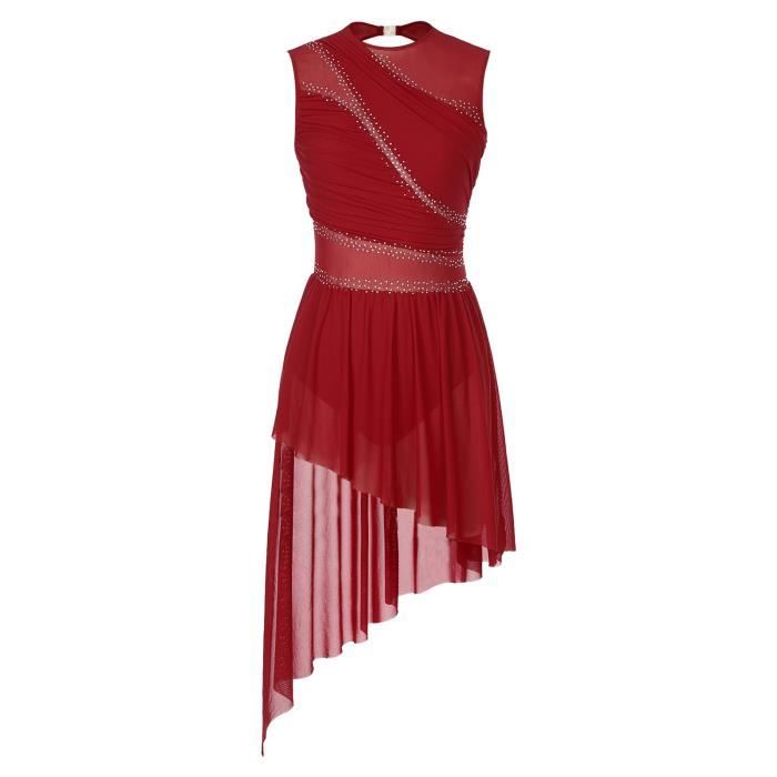 AISLOR Femme Robe Danse Lyrique Performance Femme Asymétrique Robe Patinage Artistique Spectacle Strass Dos Ouvert S-XXL