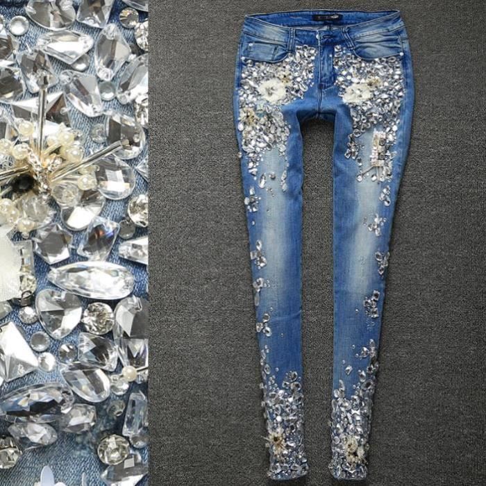 Jeans longs femmes - strass diamant crayon - FR99STF