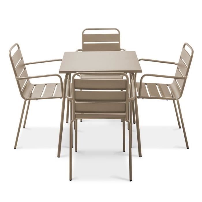Ensemble table de jardin et 4 fauteuils empilables - OVIALA - Palavas - Acier - Taupe