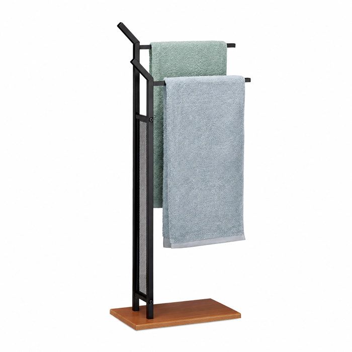 Relaxdays Porte-serviettes sur pied Support pour serviettes de bain 2 barres fer aspect bois 88 x 40 x 20 cm noir
