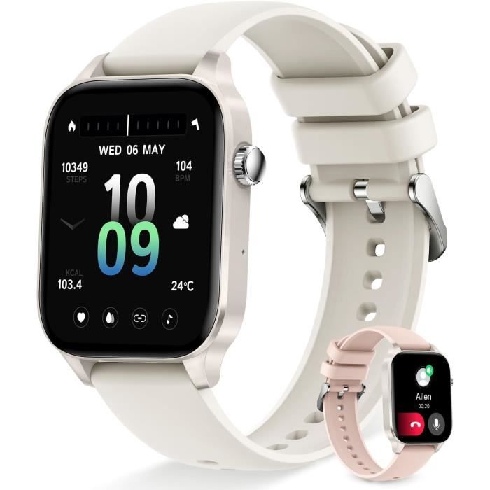 Montre Connectée Femme, écran HD 1,85", Podomètre, Santé, 2 Bracelets (rose/noir)