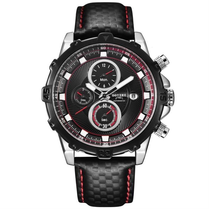 Montre homme de luxe mécanique automatique multifonction calendrier étanche bracelet en cuir noir classique sport chronographe