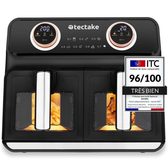 Friteuse à air - TECTAKE - Airfryer SAMURAI avec 2 compartiments et 7 programmes de cuisson 2400W - Tectake