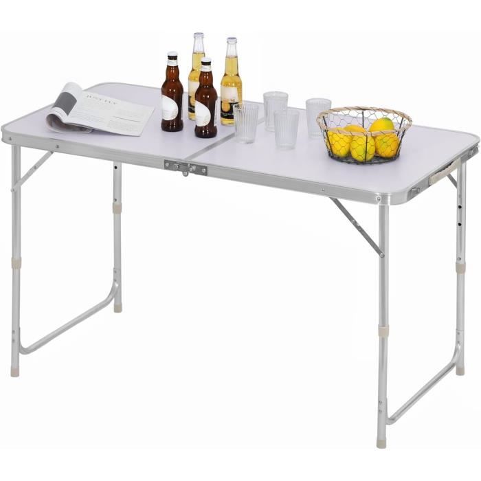 woltu table de camping pliante,table de jardin pliable,table de balcon en aluminium et mdf,réglable en hauteur,120x60x70,argent