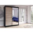 Armoire de chambre avec 2 portes coulissantes et miroir avec étagères - 150x200x61 cm - Beni 05 Dark (Noir, 150)-1