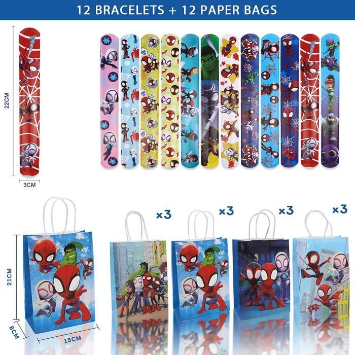 Spiderman Lot de 12 bracelets de super-héros Slap + 12 masques de fête pour  enfants, bracelet à clip Spiderman pour enfants, masque de cosplay pour