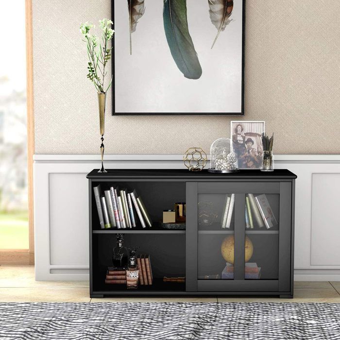 Buffet De Cuisine 2 Portes Coulissantes Vitrées - Étagères Réglables - Rangement Salon/cuisine 107x33x64 Cm - Noir