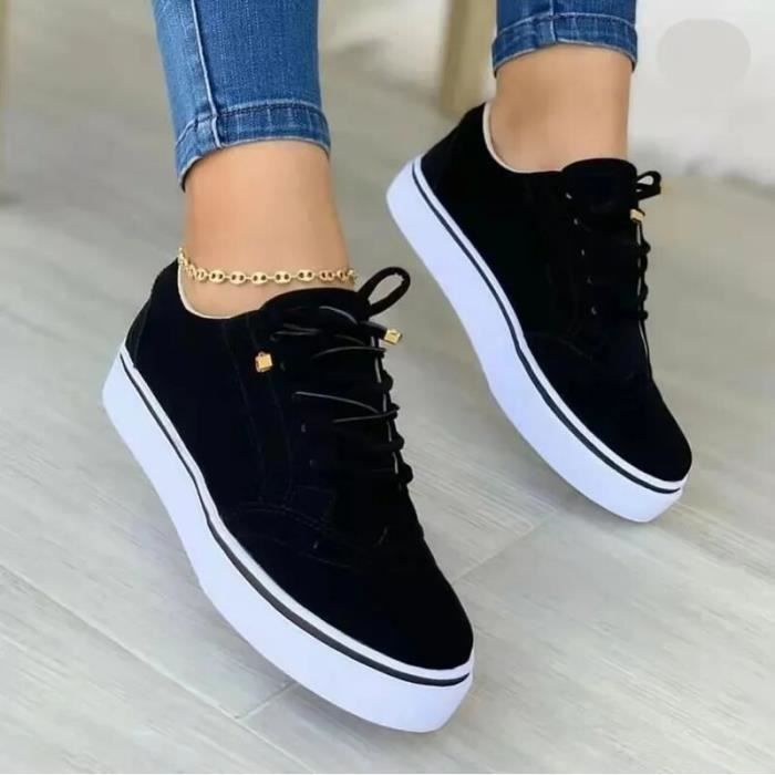 Baskets Femme REMYCOO Chaussures Plates Casual Noir Synthetique Adulte Lacets Noir Cdiscount Chaussures