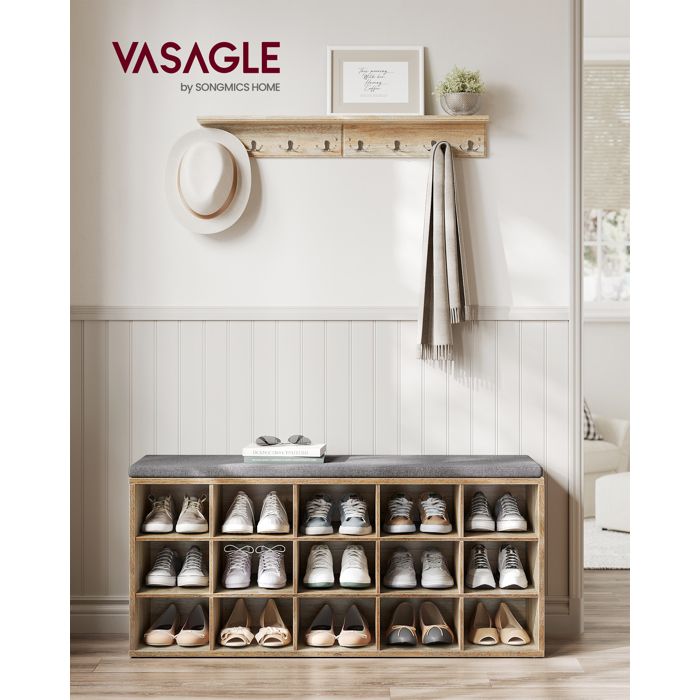 VASAGLE Banc à Chaussures 15 Compartiments Avec Siège Rembourré - Blanc Nuage Et Gris Tourterelle, Idéal Entrée