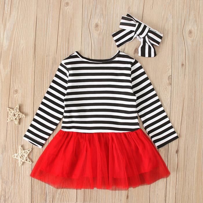 0 4 Ans Robe No l Raies Blanc et Noir Tutu Rouge avec Serre t te