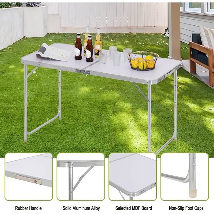 Table pliante table de camping table de jardin avec rallonge hauteur  réglable aluminium MDF imitation bambou