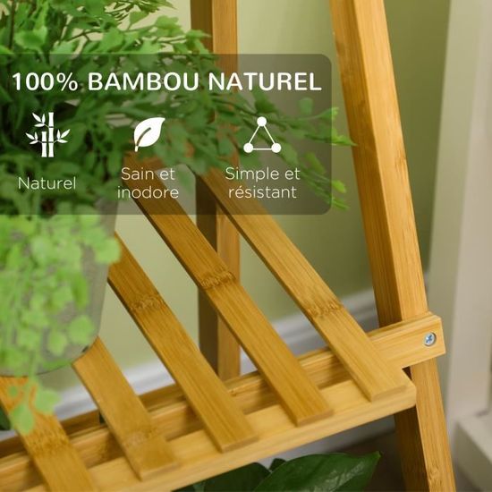 HOMCOM Étagère à plantes pliable support support à fleurs - 3 étagères,  barre de suspension - bois bambou verni pas cher 