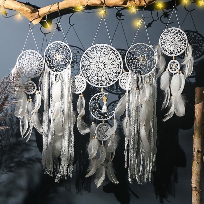 Attrape-Rêves Lune Et Plumes - Décoration Murale Chambre - Noir Et Bleu - Cadeau Zen
