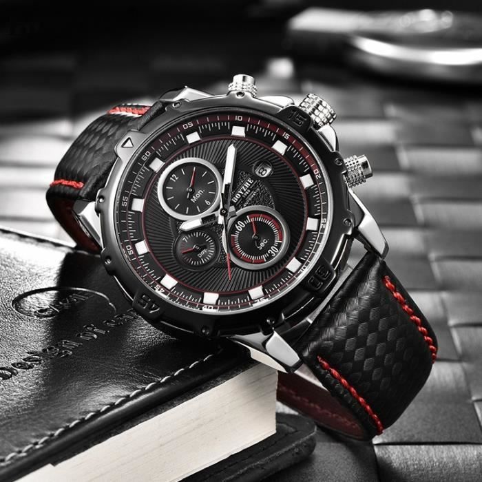 Montre homme de luxe mécanique automatique multifonction calendrier étanche  bracelet en cuir noir classique sport chronographe rouge, - Achat/vente montre  Homme Adulte Rouge Cuir - Cdiscount