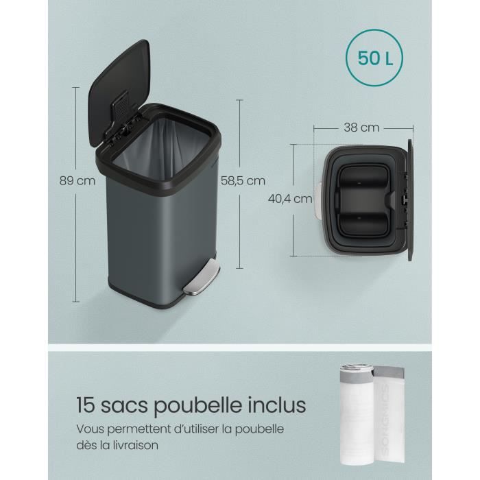 Poubelle de Cuisine, 50 L, avec Couvercle, Grande et Haute, Gris
