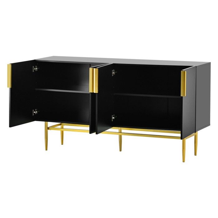 Buffet Moderne Merax 4 Portes - Noir Avec Poignées Dorées - Armoire De Rangement Salon/salle à Manger