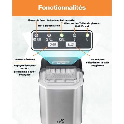 Machine à Glaçons SENYA 12 Kg/24h – 2 Tailles, Inox, Écran LED, 1,3 L