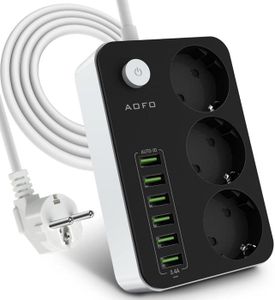 MULTIPRISE blanc, noir Multiprise 3 prises commutables avec 6 ports USB (5 V/3,4 A, 17 W) - Protection enfant - Cable de 1,6 m