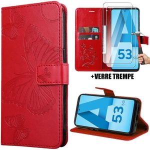 COQUE - BUMPER Coque pour Samsung Galaxy A53 5G, Motif Papillon Elégant Portefeuille Effet Cuir Rouge + 2 Protection d'écran Verre Trempé