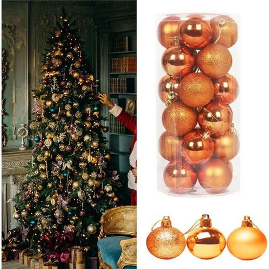 24 Boules De Noël Cuivre Doré 6 Cm – 8 Designs Vintage – En Plastique Résistant – Avec Cordons Et étui