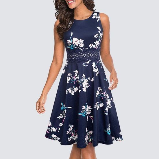 Robe D'été Femme GRACE KARIN - Imprimé Fleurs Corail - Coupe Trapèze Sans Manches - Taille élastique - Poches