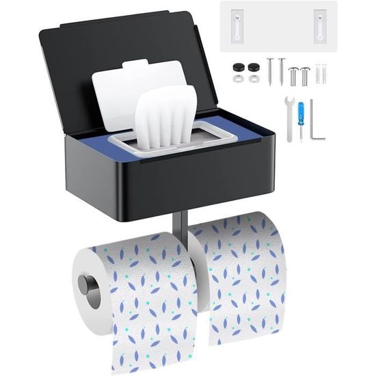 Porte-Papier Toilette Debout Avec Brosse - En Acier Inoxydable Noir, Autonome, Boîte à Lingettes Intégrée