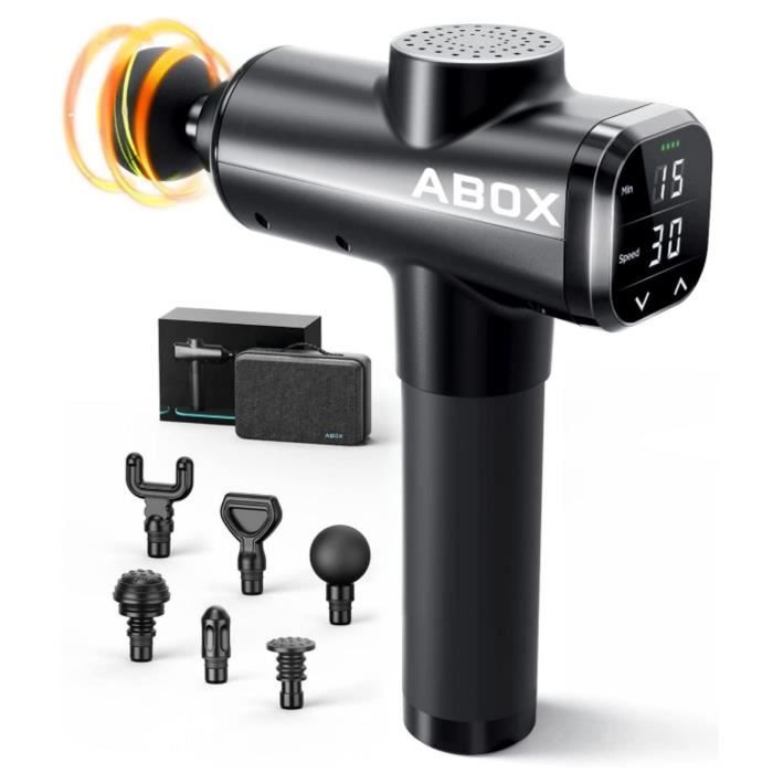 Pistolet de Massage - ABOX - Masseur Musculaire avec Écran Tactile, 30 Niveaux Vitesse & 6 Têtes de Massage