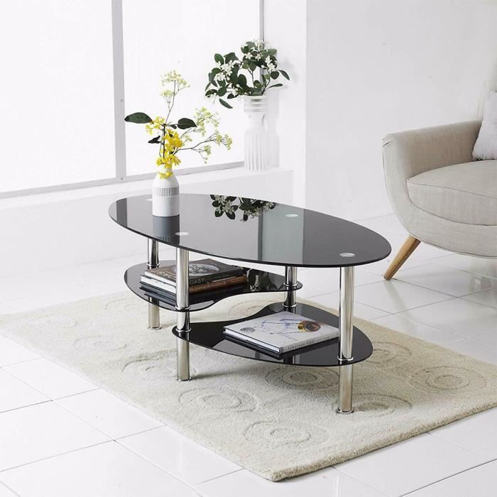Table basse en verre trempé ovale Noir pur - Très Robuste