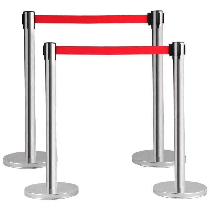 COSTWAY Lot de 4 Poteau de Guidage Barrières de Sécurité en Acier Inoxydable, Sangle Ajustable Rouge de 2m pour les Personnes VIP