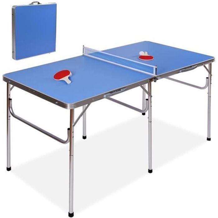 COSTWAY Table de Ping-pong Pliable Table de Tennis de Table Portable avec 2 Raquettes et 2 Balles Coffret de Rangement Bleu