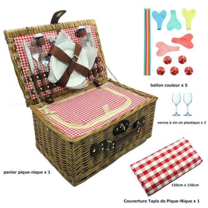 Panier Pique Niques Osier, Panier Picnic Isotherme avec Couvertures de Pique Nique Imperméable, Vaisselle et Ballons décoratifs