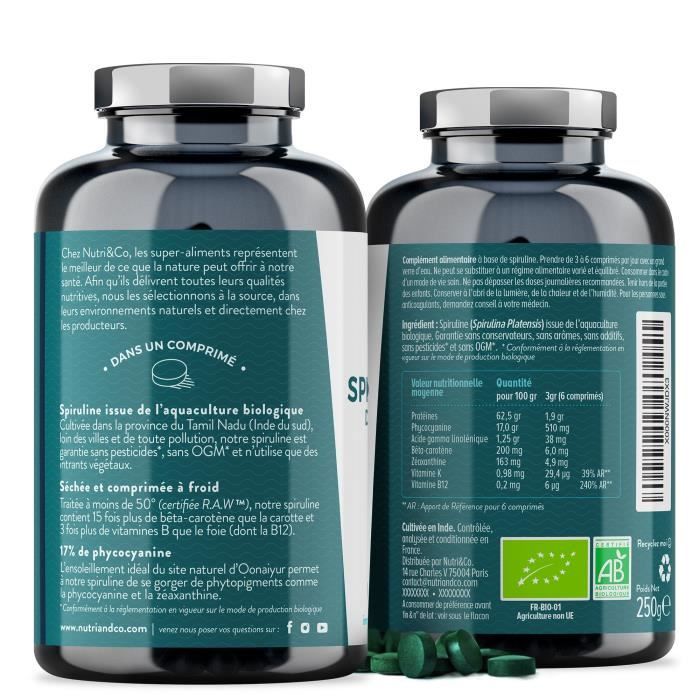 Spiruline Bio AB - 500 Comprimés de 500 mg Purs sans Excipient - 15 à 19% de Phy