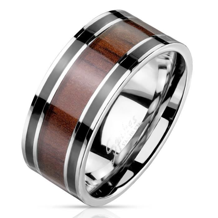 Bague anneau homme acier avec bande imitation bois double ligne noire (57)