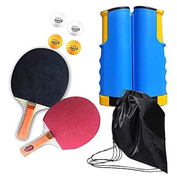 Set de tennis de table filet de ping-pong rétractable + 2 raquettes + 4 balles + sac - bleu jaune