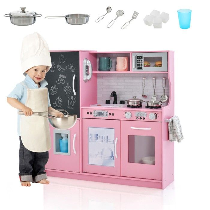 Cuisine Enfants En Bois DREAMADE Avec Sons, Tableau Noir, Téléphone, Cuisinières, Lave-vaisselle, Machine à Glaçons, Four, Rose - Jeux - Jouets