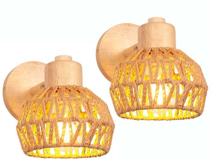 IDEGU Lot de 2 Rétro Applique Murale Intérieur Industriel 15cm Lampe Murale Réglable en Bois et Rotin Luminaire Murale